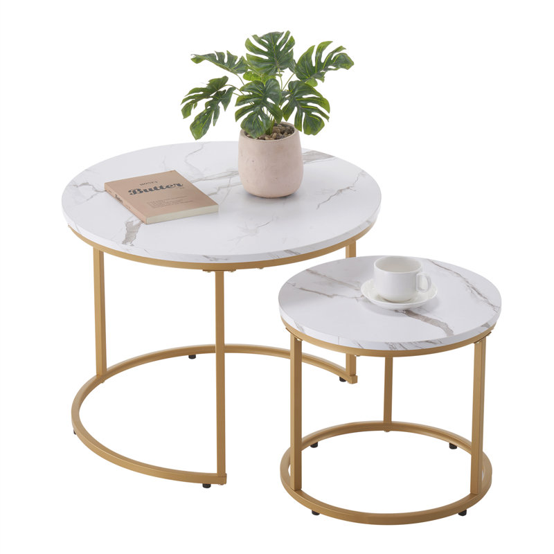 Nesting Coffee Table Set of 2, Round Coffee Table, Nesting Tables for Small Place, Vintage End Side Tables Night Stand with Metal Frame, for Living Room, Bedroom, Office (White & Gold)