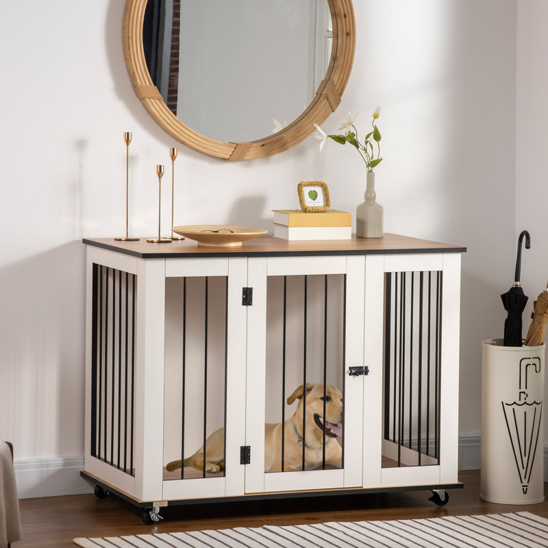 Modern Dog Crate End Table With Easy To Clean Surface, Large Dog Crate Furniture On Wheels, Kennel For Large Dogs Indoor With Big Flat Surface, White