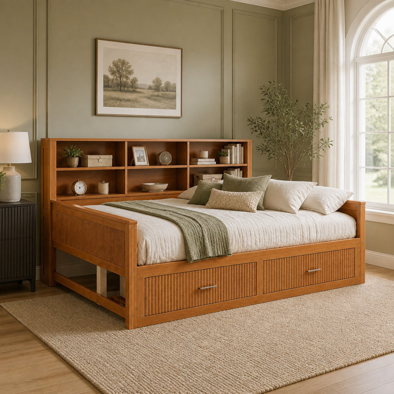 Lit de jour en bois avec tête de lit bibliothèque, station de recharge et 2 tiroirs sous le lit, Noyer