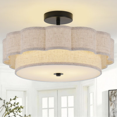 3-Light 17.7" Modern Semi Flush Mount Ceiling Light With Petal-Shaped Fabric Shade, Vintage 2-Layer Linen Ceiling Lamp For Bedroom Entryway Hallway Nursery
