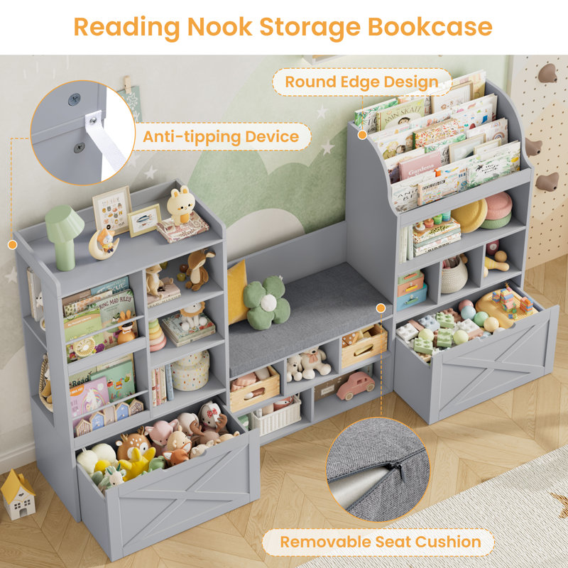 74.6"W Wood Kids Bookcase With 2 Drawers, Seat Cushion And Reading Nook，Toy Organizers And Storage, Gray