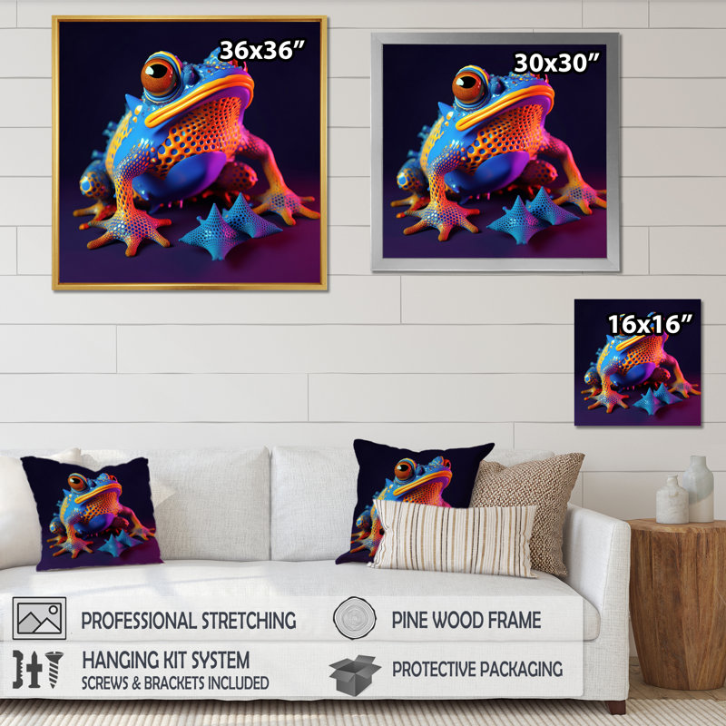 3D Neon Frog I - reproduction sur toile, H 30 po x l 30 po x P 1 po, Cadre simple noir