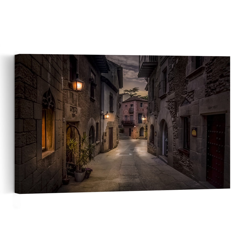Old Town Night Path Contemporary Architecture City Wall Art Print 1 Piece Wrapped Canvas Wall Art, 30.48cm H x 45.72cm W