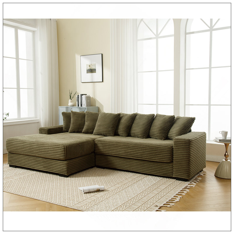 Canapés surdimensionnés en deux pièces, canapé en L, velours côtelé, méridienne gauche, avec accoudoirs, huit coussins décoratifs, canapé d'angle, facile à assembler