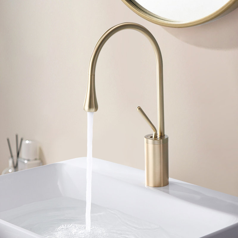 Wroz Modern Single Hole 1-Handle Bathroom Sink Faucet High Arc Spout in Brushed Gold Solid Brass