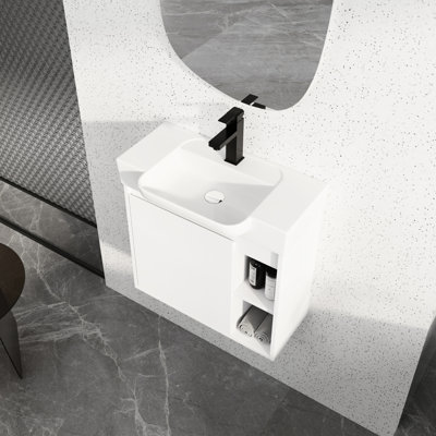 Meuble-lavabo mural 24 po avec lavabo en céramique blanche, porte à fermeture en douceur, 45 poignées cachées, emballage Kd, meuble-lavabo en contreplaqué, fonction, base