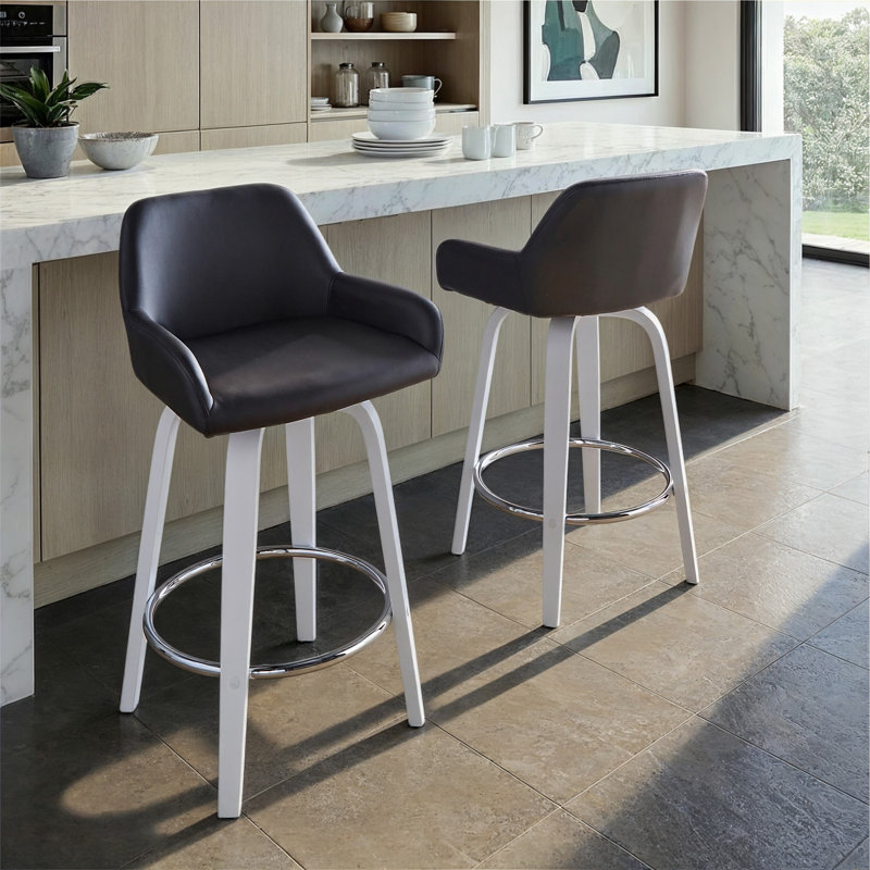 Tabouret de comptoir à hauteur fixe avec pivot en bois et similicuir avec repose-pieds rond chromé - ensemble de 2, Noir