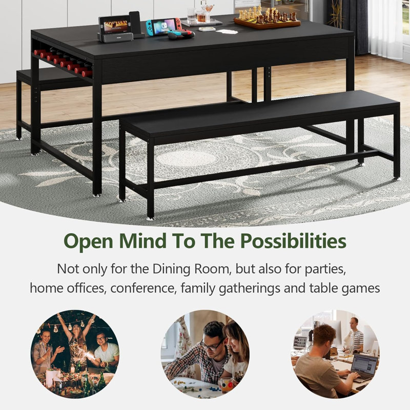 Black 63" Modern Dining Table Set with Benches and Storage