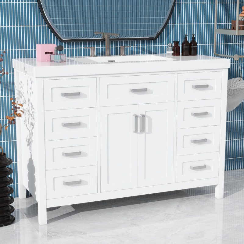 Meuble-lavabo de 47 po seulement - 8 tiroirs à fermeture en douceur, 2 portes et design classique intemporel, Blanc