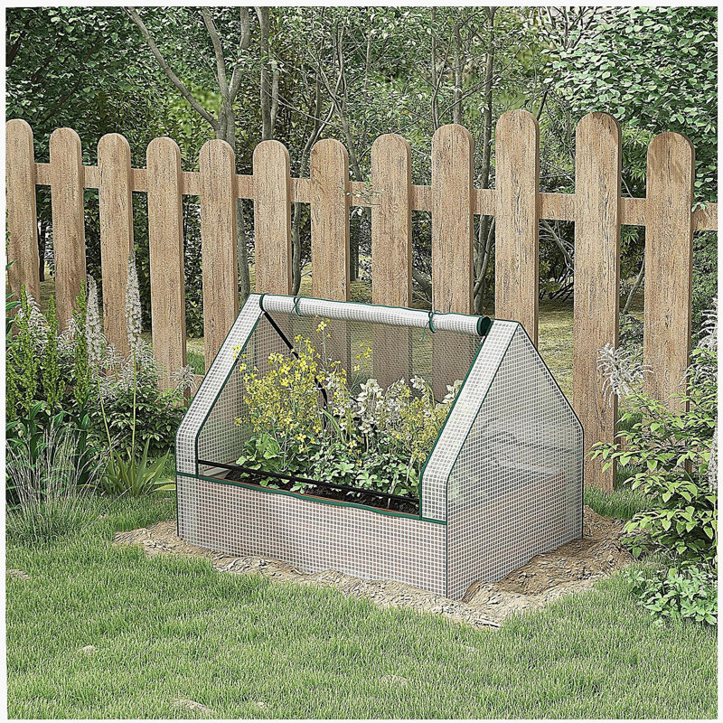 Outsunny Raised Garden Bed with Mini Greenhouse, Galvanized Outdoor Planter Box with Cover, for Herbs and Vegetables, Use for Patio, Garden, Balcony, White Cover and Brown Planter