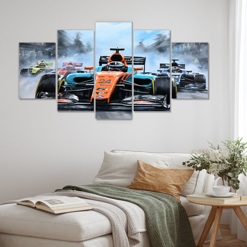 Orange et bleu, voiture de course, art mural multipanel