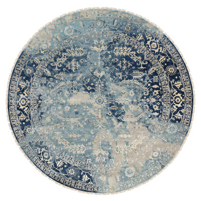 Tapis oriental rond en laine et en soie noué à la main bleu marine 11 pi 10 po x 11 pi 10 po FCAE38C7F76A41C49191BC3005B5BACA