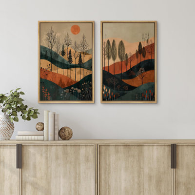 " Sunset Canopy Trees And Hills In Autumnal Shades Modern Art Wall Decor Artwork Nordic Nature " 2 - Pieces