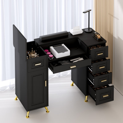 Manicure Table with Removable Panel, Nail Tech Desk with Dust Collector, Drawers & Storage, Nail Station for Salon or Home Studio