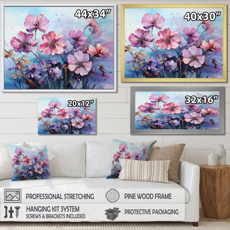 Fleurs d'hortensias roses et mauves sur toile, Cadre flottant doré, H 34 po x l 44 po