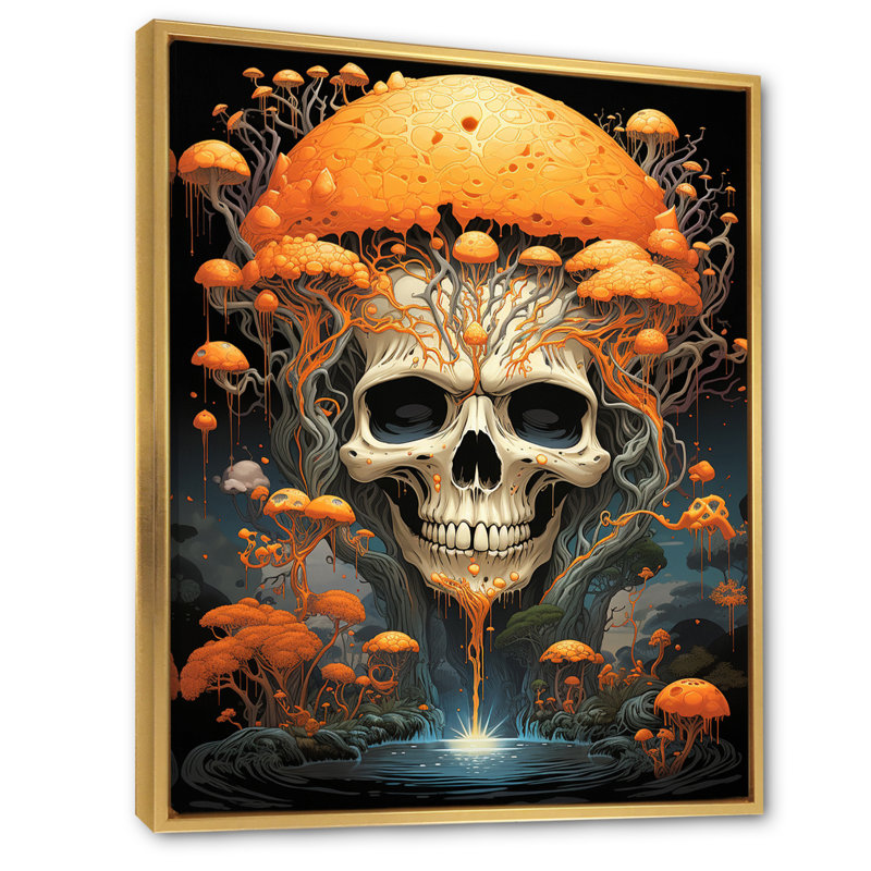 Tête de mort souriante, champignons orange, Halloween I - impression, Cadre flottant doré, 44" H x 34" W
