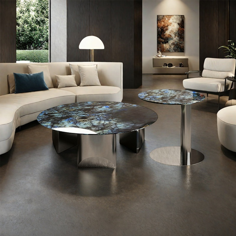 Modern round marble coffee table, 14.6" H x 31.5" L x 31.5" W