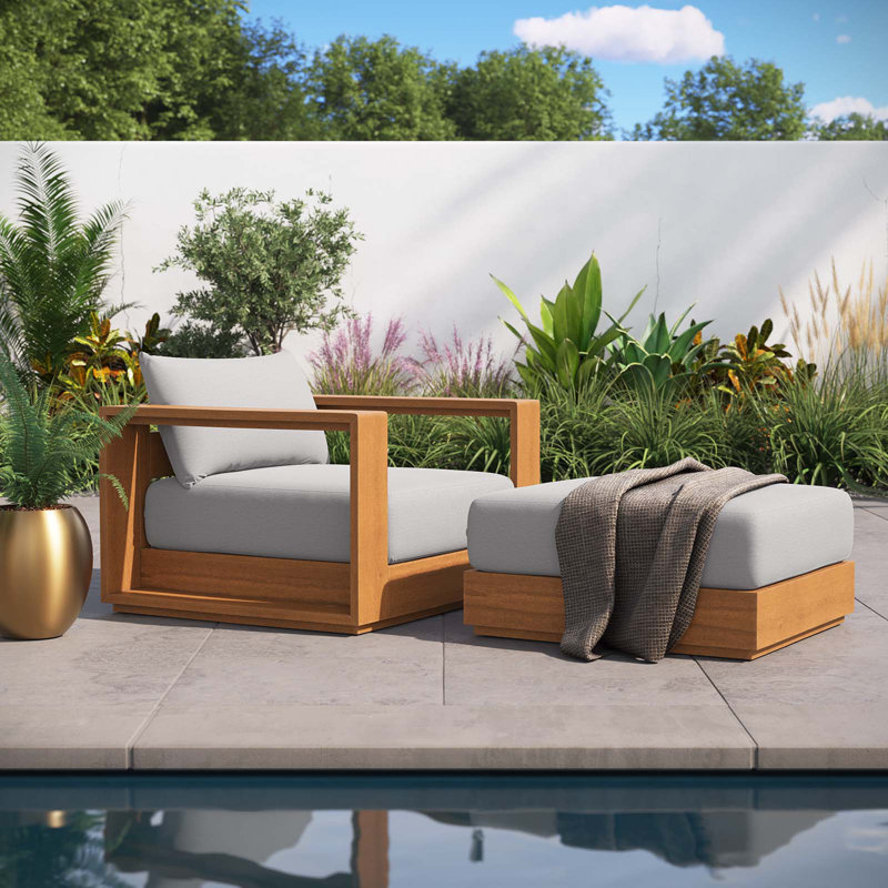 Tahoe Outdoor Patio Acacia Wood 2-Piece Armchair And Ottoman Set In Natural Light Gray
