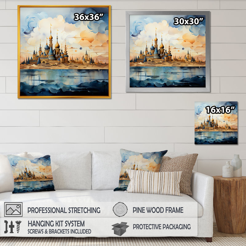 Mosquée bleue et jaune «Oasis», art mural, Cadre flottant doré, H 36 po x l 36 po x P 1,5 po