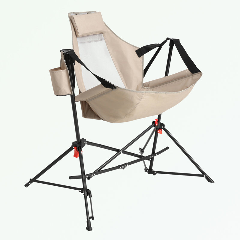Folding Duty Lawn Chair with Pillow Cup Holder and Adjustable Back, Khaki