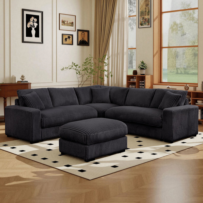 Clitheroe 98.7" Wide L-Shaped Corner Corduroy Modular Sectional Sofa With Multifunctional Ottoman, Gray Corduroy