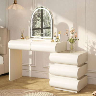 Meuble-lavabo moderne avec miroir à DEL 3 couleurs et finition en cuir, armoire latérale mobile et 5 tiroirs de rangement