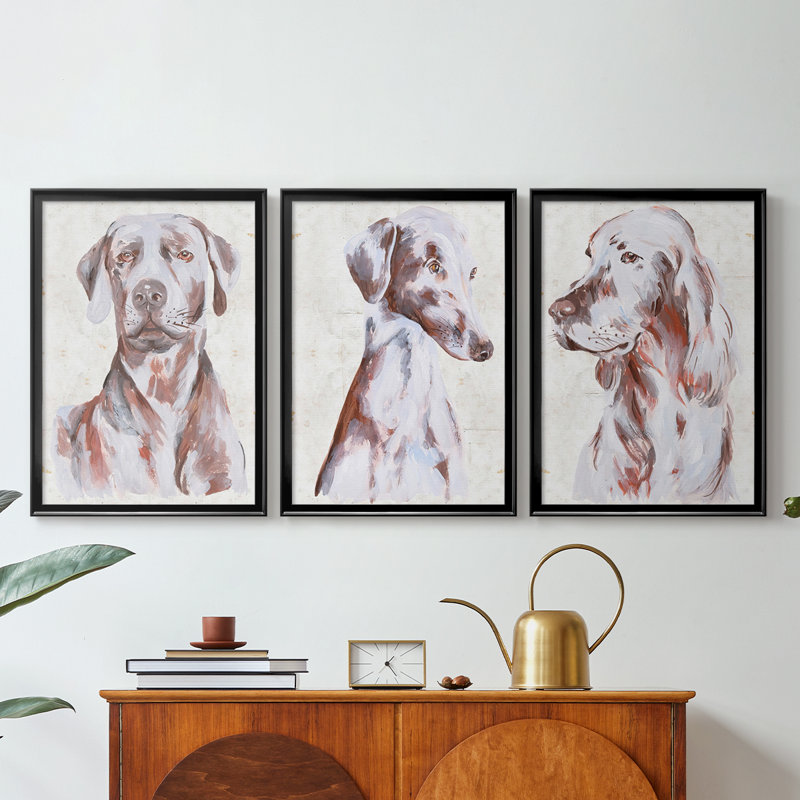 «Sitting Dog I» - Toile tendue avec châssis sur mesure - 3 pièces, H 15 po x l 19 po, Noir