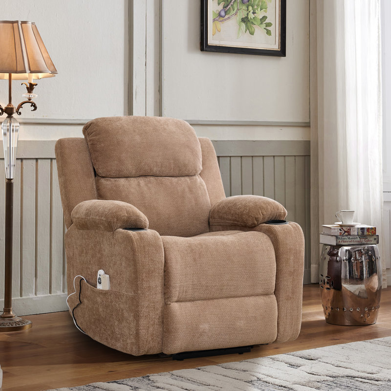 Katrein Brown Chenille Power Recliner with Heat and Massage, Lift Function, Brown Chenille