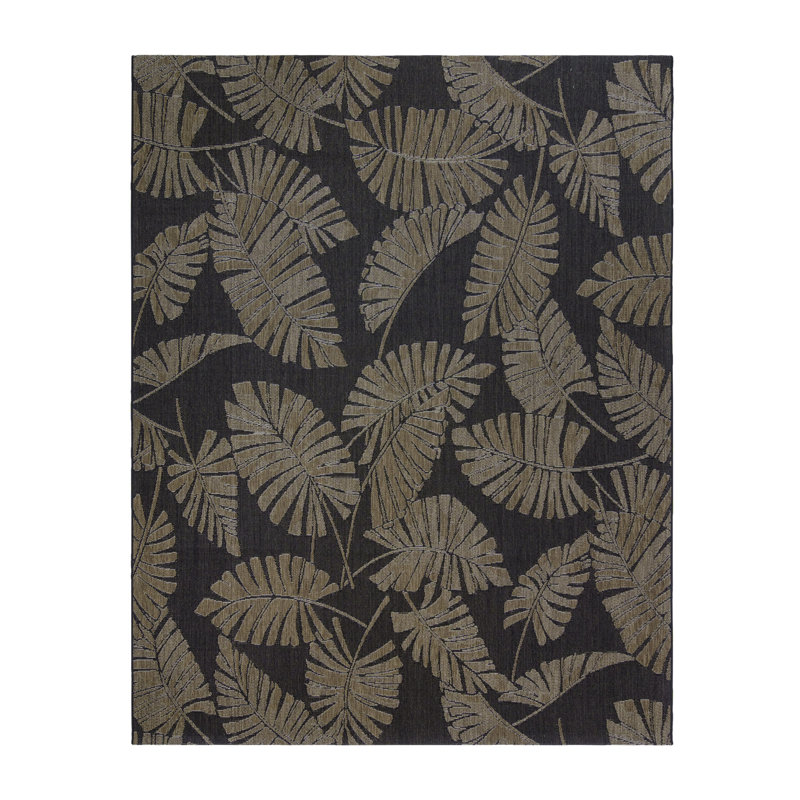Reyn Spooner Lua'ehu Havana Brown/Black Bold Tropical Leaf Flatweave Indoor/Outdoor Area Rug, Rectangle 6'6" W x 9'6" L