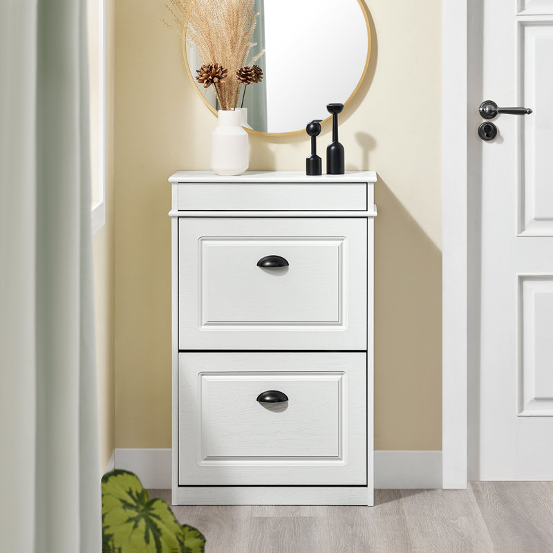 Moriah 8 Pair Flip Down Shoe Storage, White Vintage Wood Grain Effect/Black