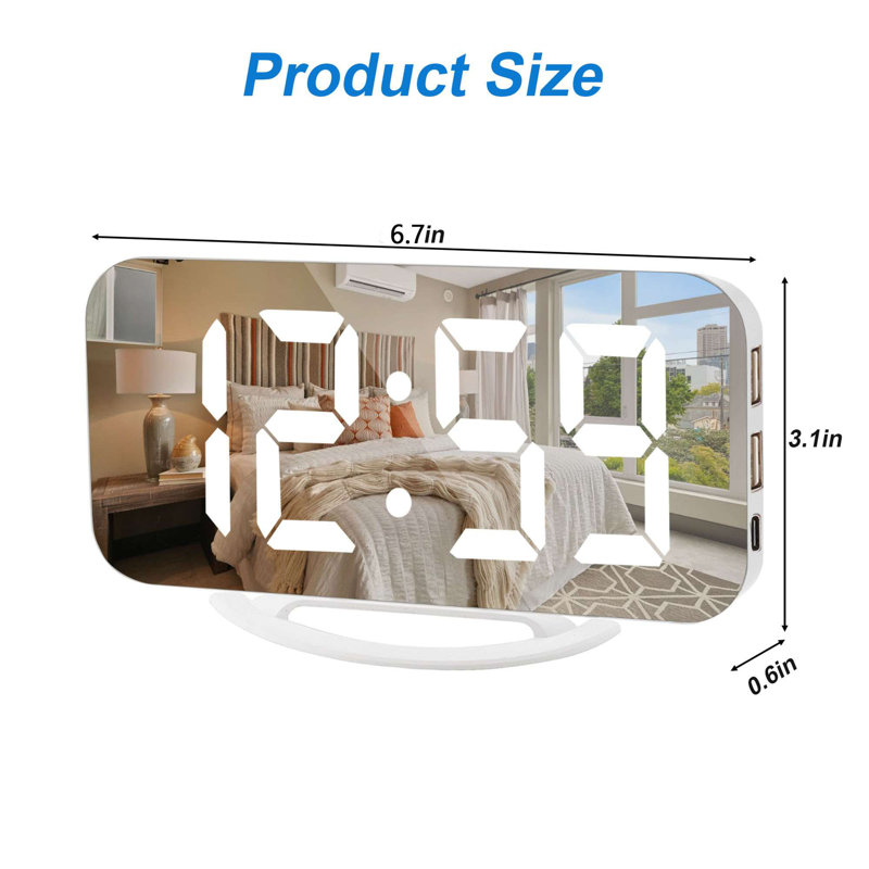 Slim LED Digital Alarm Clock, Mirror Surface for Makeup, with Diming, Large Display, USB Ports, White
