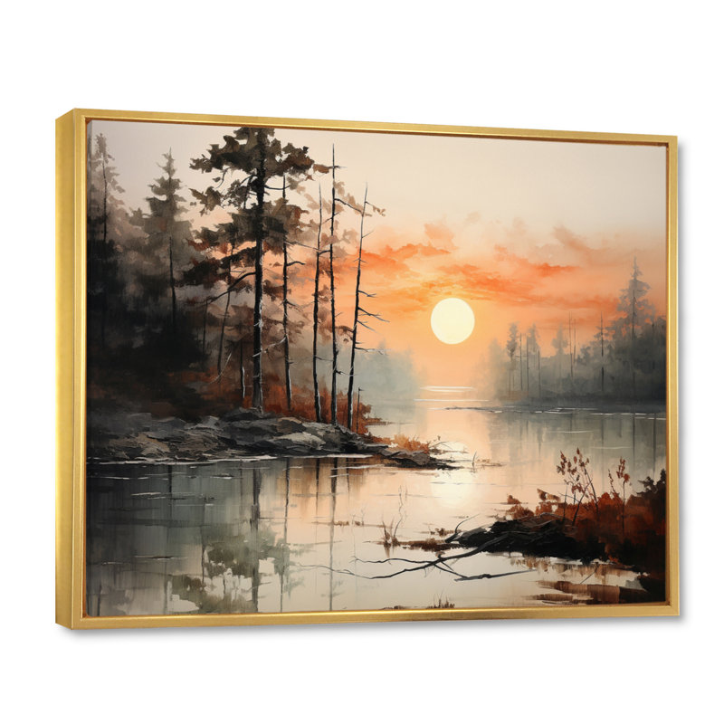 «Lake Misty Morning Reflections I - Lakes Lakehouse», art mural sur toile, H 12 po x l 20 po x P 1 po, Cadre flottant doré