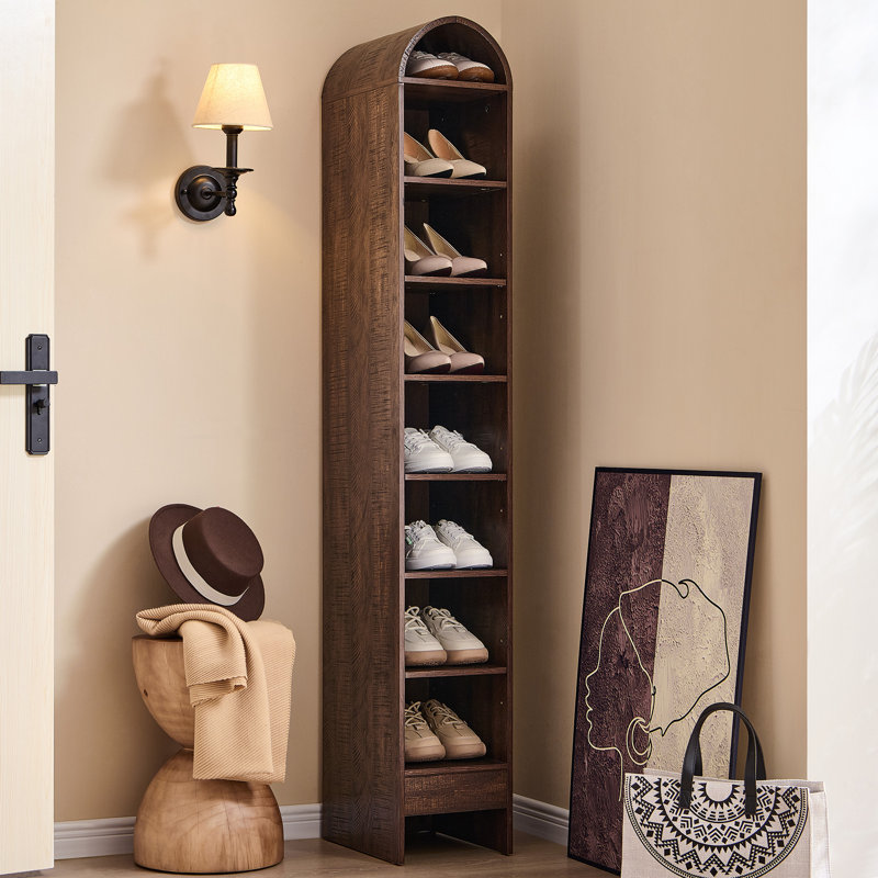 67" Tall Arched Bathroom Storage Cabinet, 8 Tiers 8 Pairs Wooden Bathroom Rack with 3 Adjustable Shelves, Brown, 1