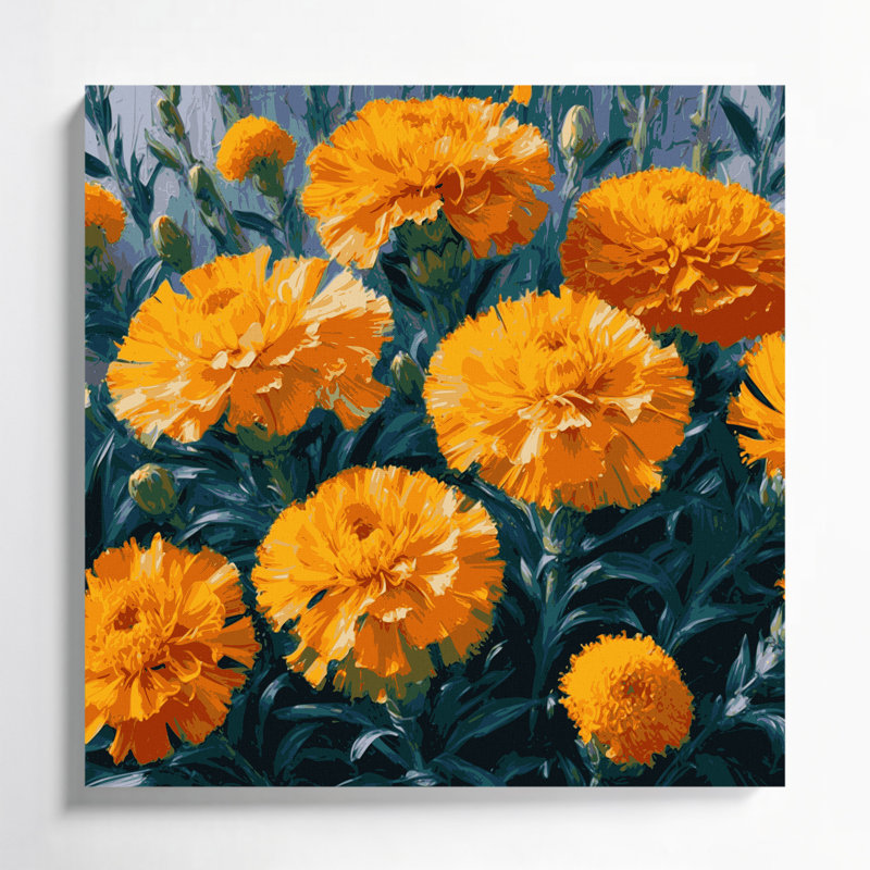 «Botanical Marigolds», art mural sur toile grise, H 32 po x l 32 po