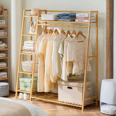 Bamboo Clothing Garment Rack, Free Standing Clothes Coat Hanger, Closet Organizer W/Shoe Rack, Multi-Tiered Wardrobe Storage Shelves, Clothes Hanging Racks For Hall, Living Room, Bedroom, Entryway, Shoe Storage