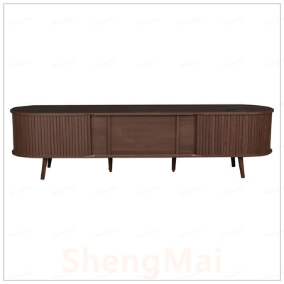 Mid Century Modern TV Stand with Tambour Doors, Drawers, and Power Outlet for 80 Inch TVs, Living Room and Bedroom