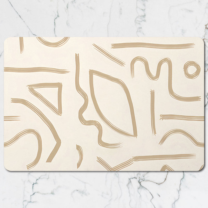 Geometric Placemats And Coaster Set In Beige With White Line Pattern