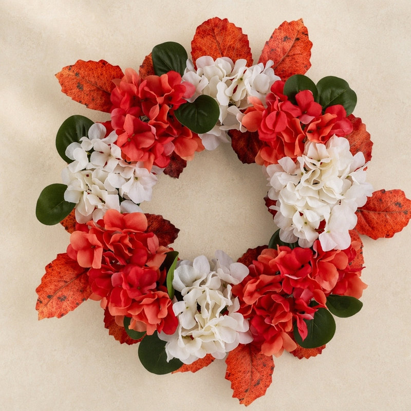 Couronne d'hortensia artificielle rouge et blanche 17,7 pouces pour porte d'entrée