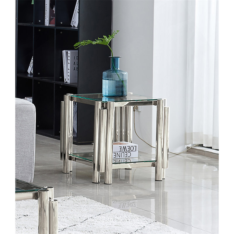 Table de bout carrée, table de bout moderne en acier inoxydable, table basse en verre trempé transparent double couche, table d'appoint avec rangement, pour le bureau à domicile