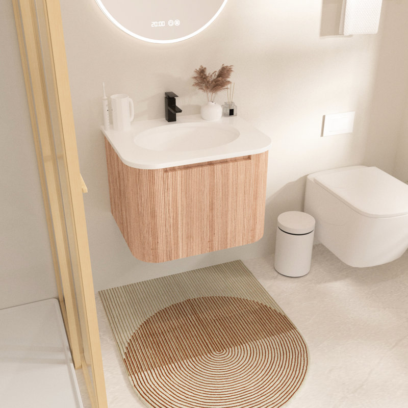 Meuble-lavabo mural 24 po, profil courbé avec finition en bois naturel, lavabo en marbre de culture, tiroir spacieux pour le rangement des cosmétiques - conception intégrée en pouces, bois à texture ondulée, fermeture en douceur