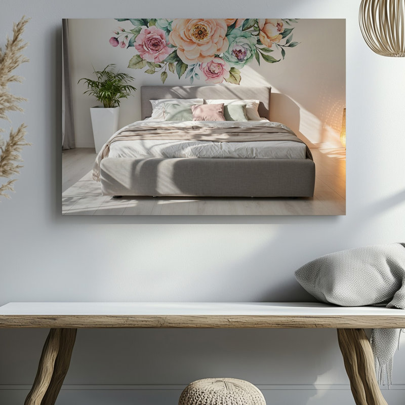 Toile, scène de chambre à coucher douillette avec un lit tapissier doux incurvé dans des tons de gris discret orné d'une literie en couches moelleuse