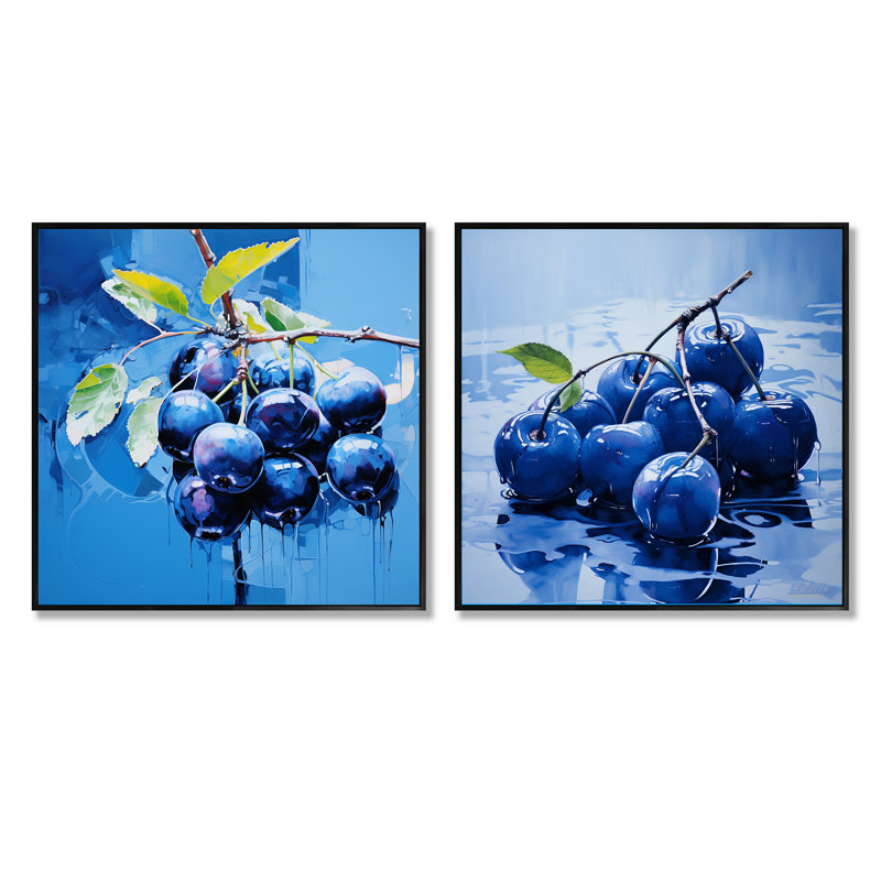 Bleu azur bleu azur abstrait - fruits carré collage ensemble de 2, Cadre flottant noir, H 30 po x l 61 po