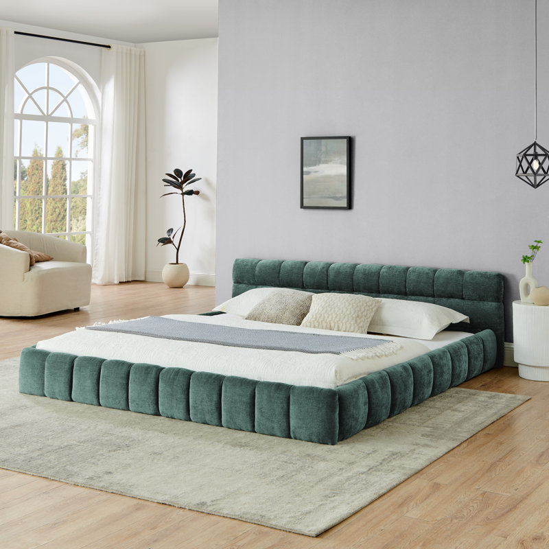 Très grand lit plateforme tapissier avec tête de lit - Structure solide, sans sommier, vert, Bleu / Vert
