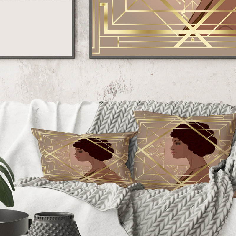 Carré, femmes rétro en or Art Deco Geometrics II - coussin décoratif imprimé moderne, 18" x 18"
