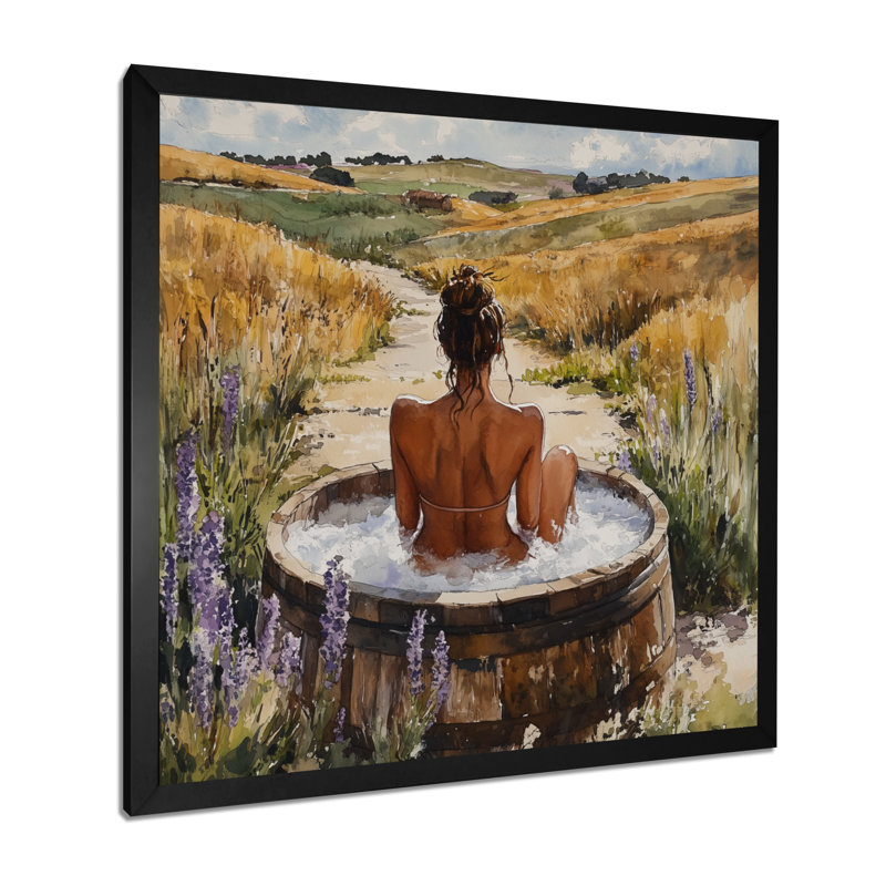 Femme dans une prairie de baignoire - art mural de salle de bain, H 36 po x l 36 po x P 1,5 po, Toile encadrée noire simple