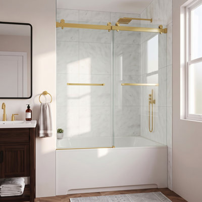 50"-55" W X 66" H Frameless Double Sliding Shower Tub Door in Shatter-Resistant Film with 3/8" (10mm) Tempered Glass and Quiet Rollers