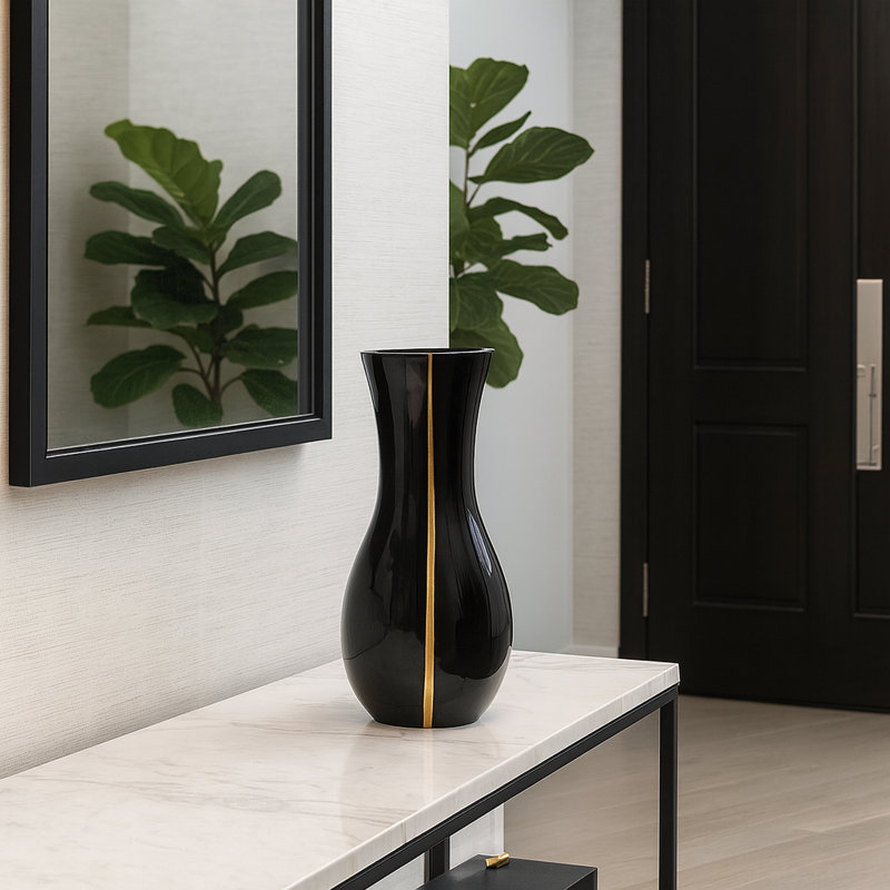 Santara Handmade Glass Table Vase for Flowers with Stripe Design, Black
