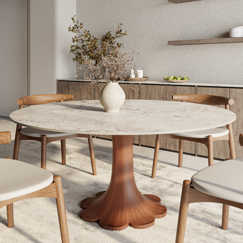 Round Stone Top Solid Wood Base Dining Table Set Circle Kitchen Dinner Table For 4-10 Jainee, Brown, Snow