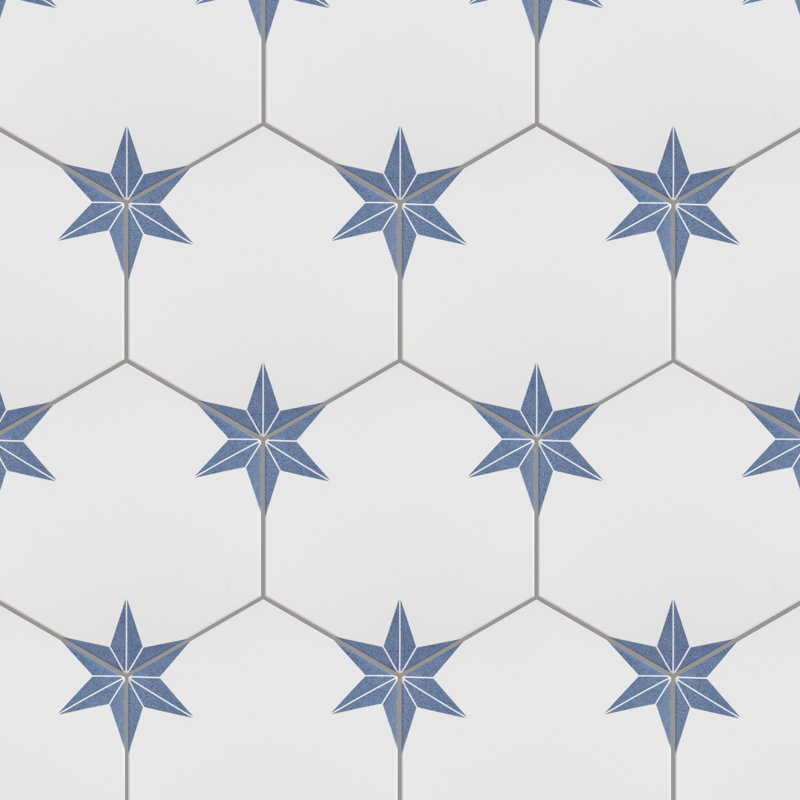 Carreau de porcelaine à motif hexagonal 9 po x 10 po Stella, Blanc / bleu