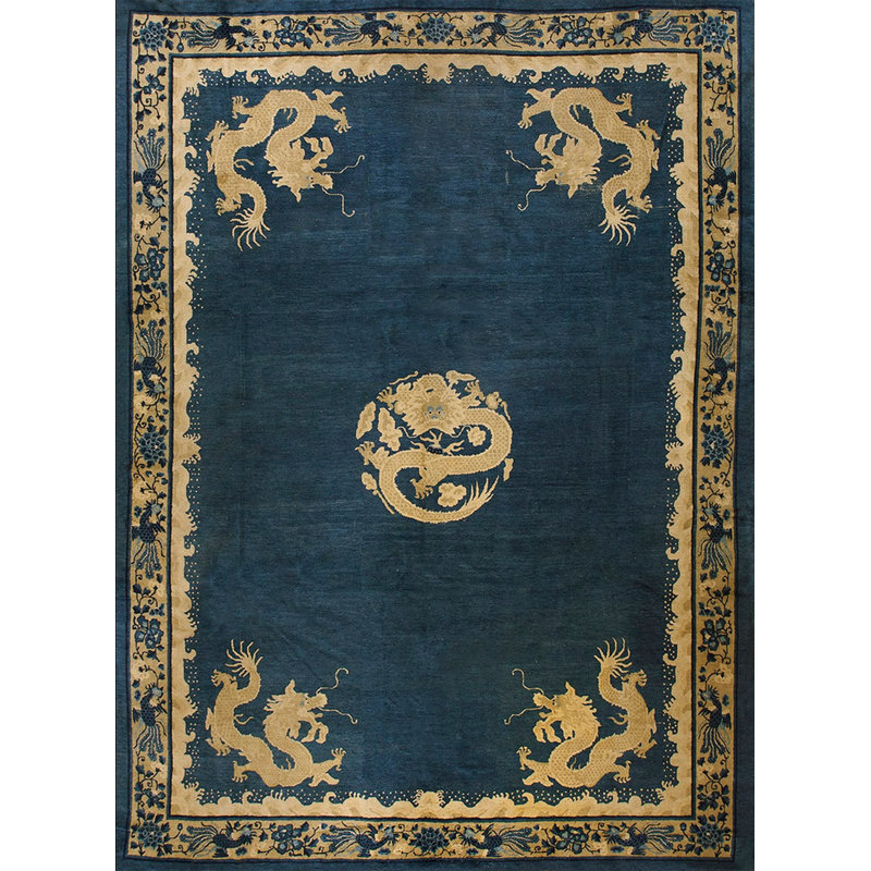 Antique Peking Chinese Medallion Blue 1900s Rug